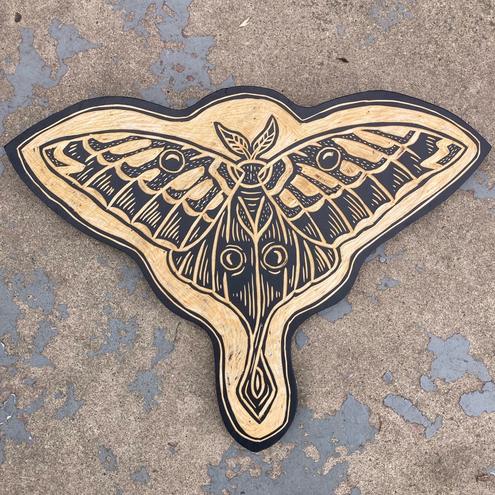 Original Woodcut Comet Moth Wall Art Natural Wood Handmade